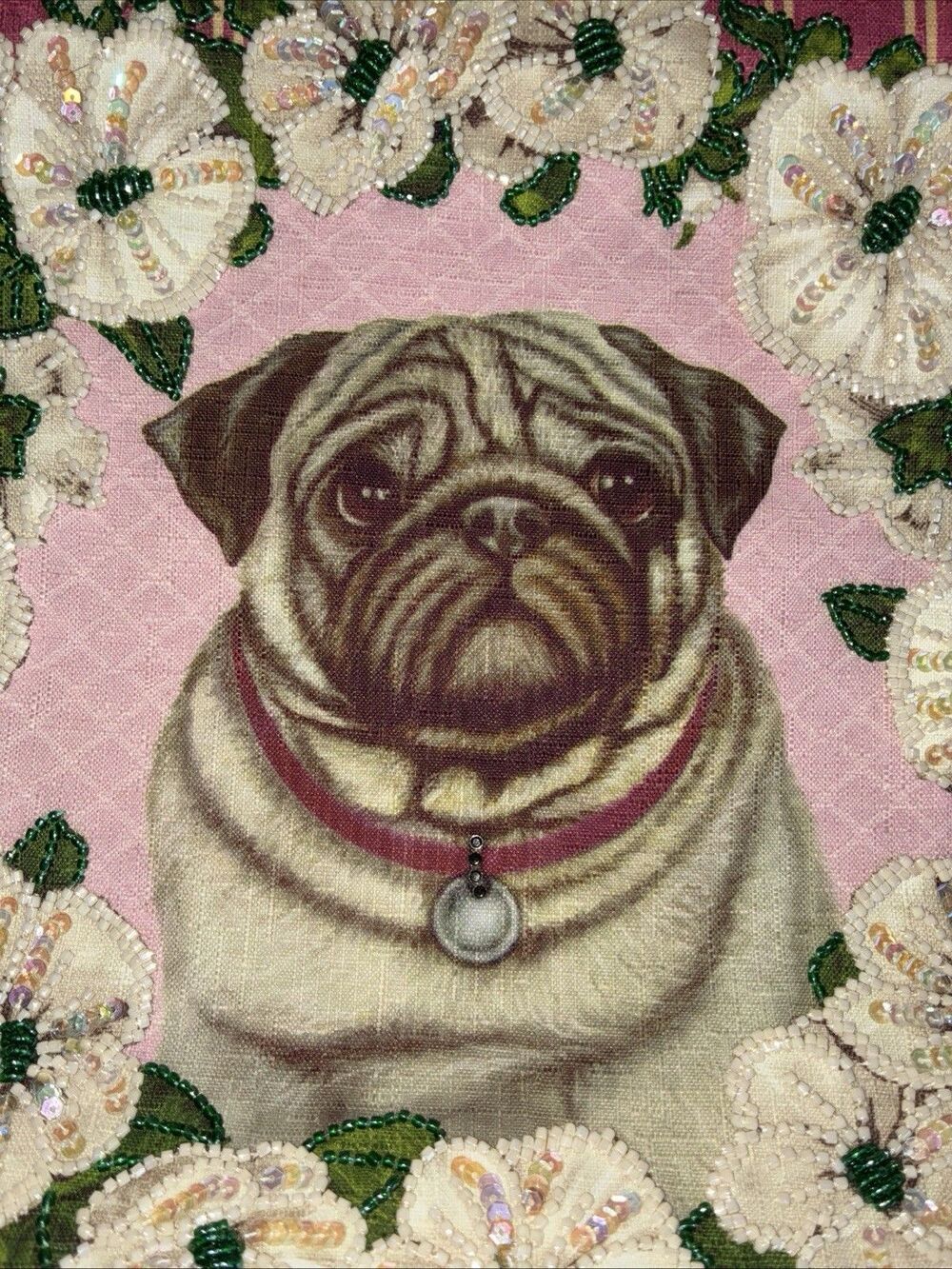 Isabella Fiore Discontinued Beaded Pug Floral Pink Stripe Leather Vintage Purse